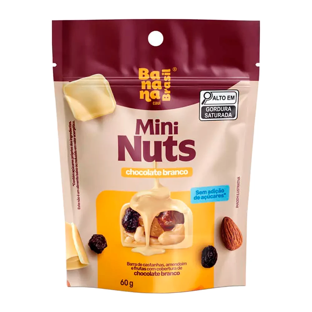 Barra de Castanhas e Amendoim Banana Brasil Mini Nuts Cobertura Chocolate Branco Pacote 60G