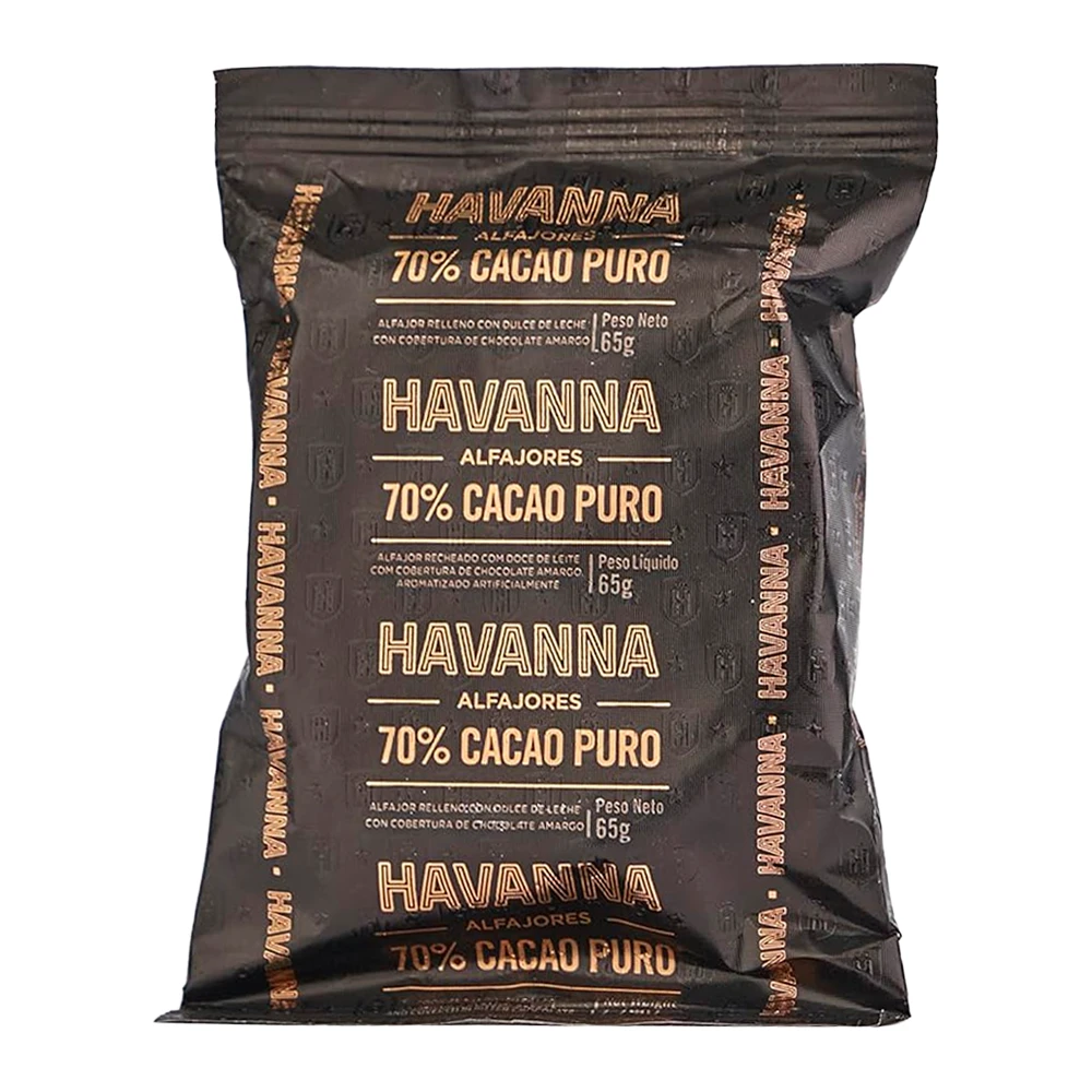 Alfajor Havanna recheado com doce de leite e coberto com chocolate Cacao 70% 65G