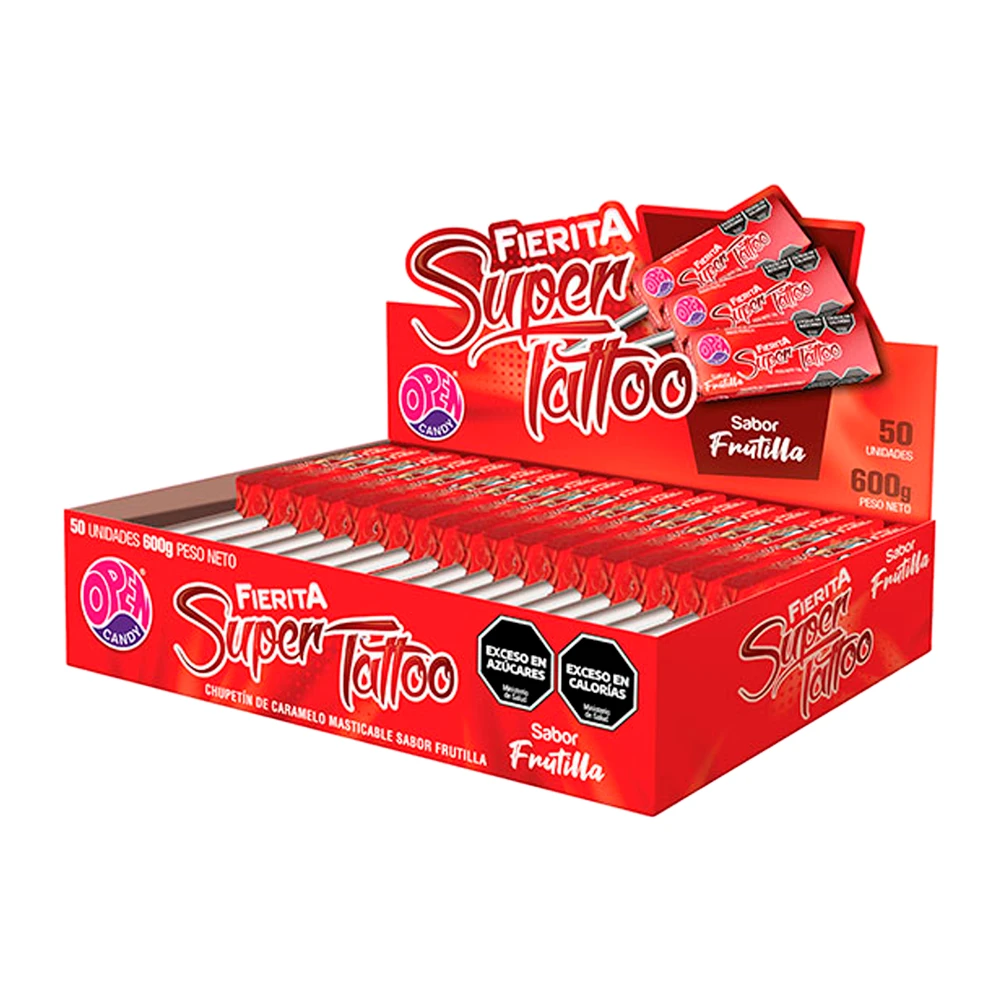 Pirulito Mastigável Open Tatto Morango Caixa 600G