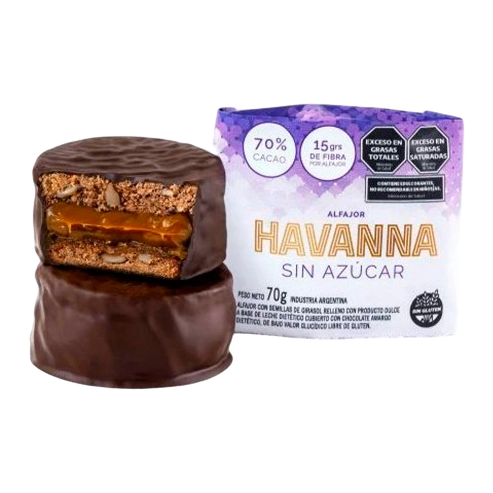Alfajor Havanna Sem Açúcar Recheio Doce de Leite Cobertura Chocolate Amargo 70G
