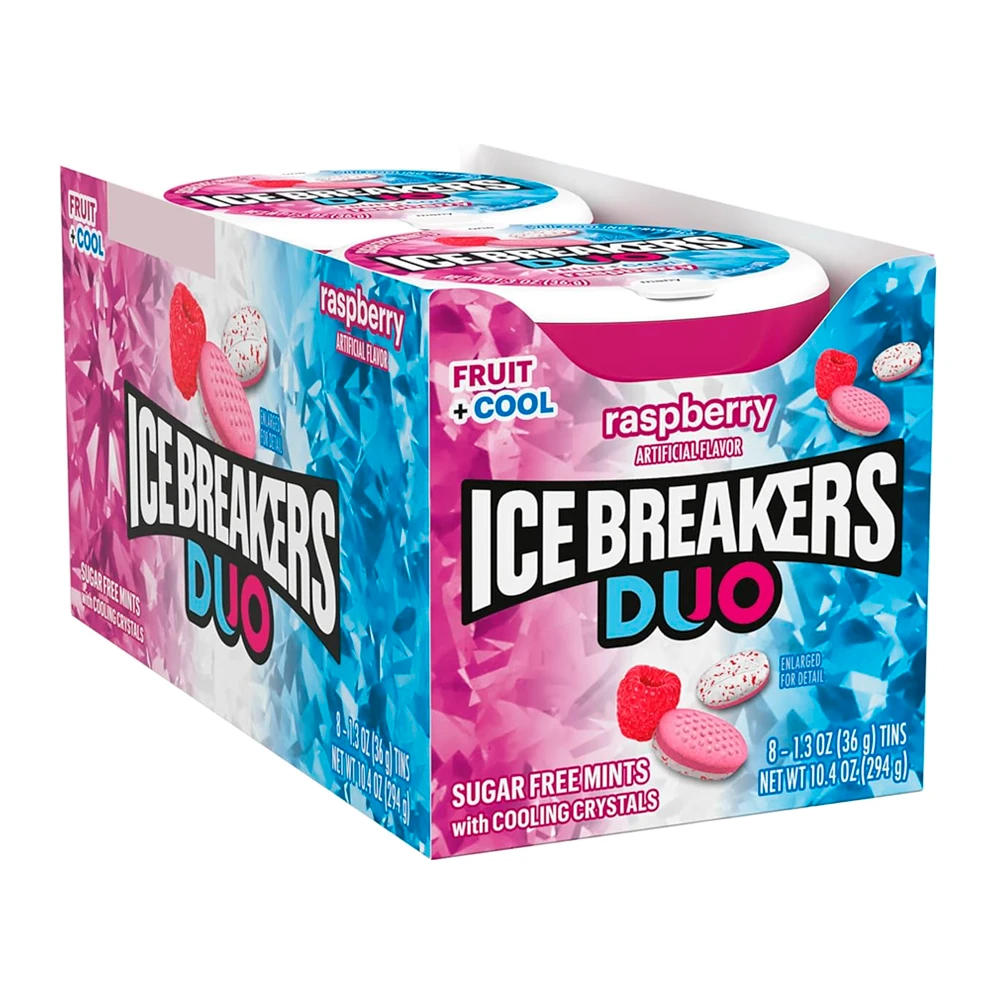 Bala Ice Breakers Fruit + Cool Framboesa Caixa 8X36G