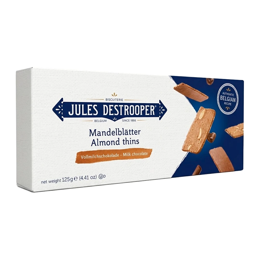 Biscoito Jules Destrooper Almond Thins Milk Chocolate Caixa 125G