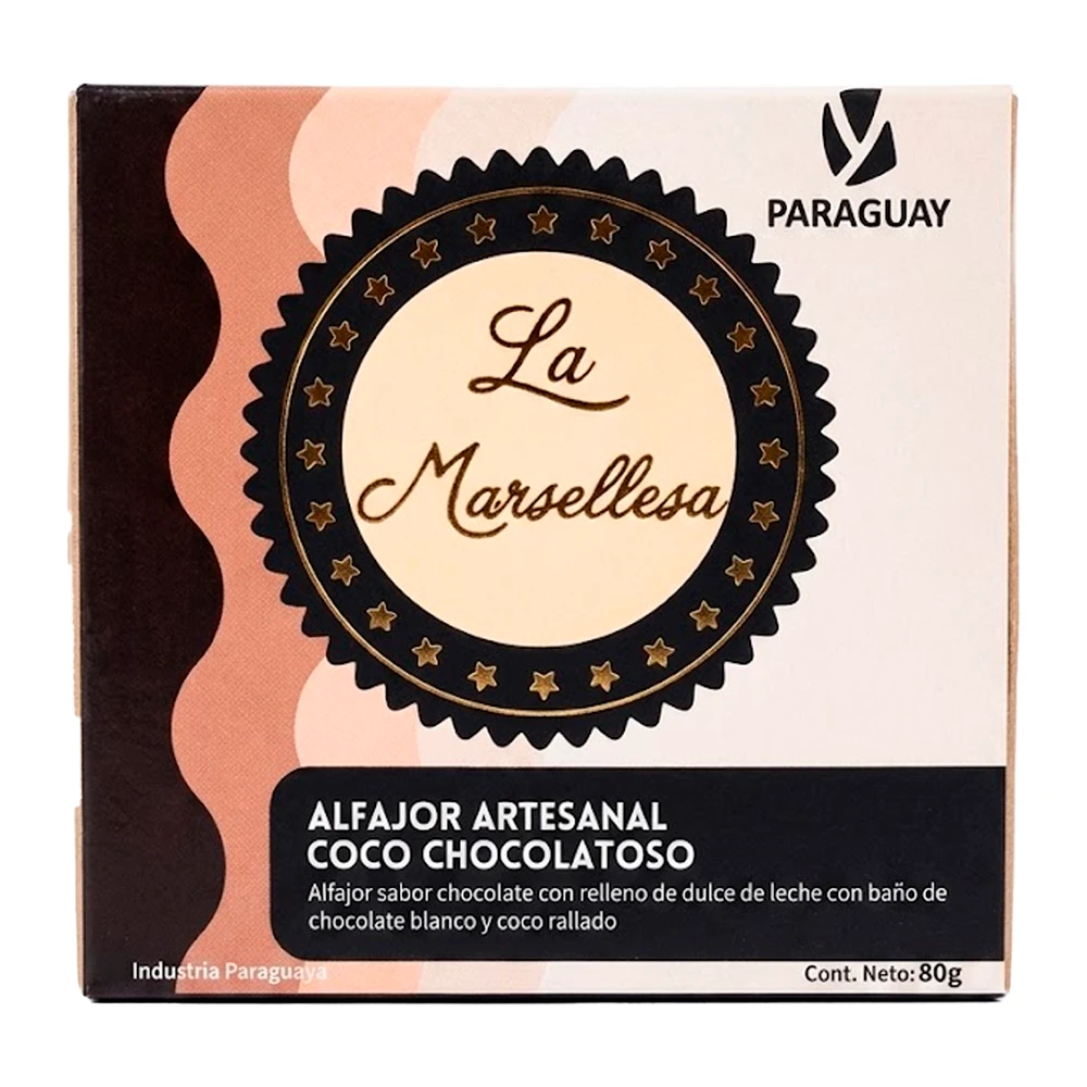 Alfajor Artesanal Py La Marsellesa Coco Recheio Doce de Leite Cobertura Chocolate Branco e Coco 80G