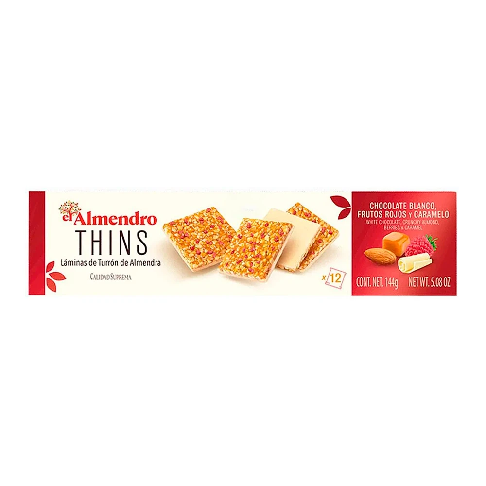 Lamina de Torrone Crocante El Almendro Thins Chocolate Branco e Frutas Vermelhas Caixa 144G