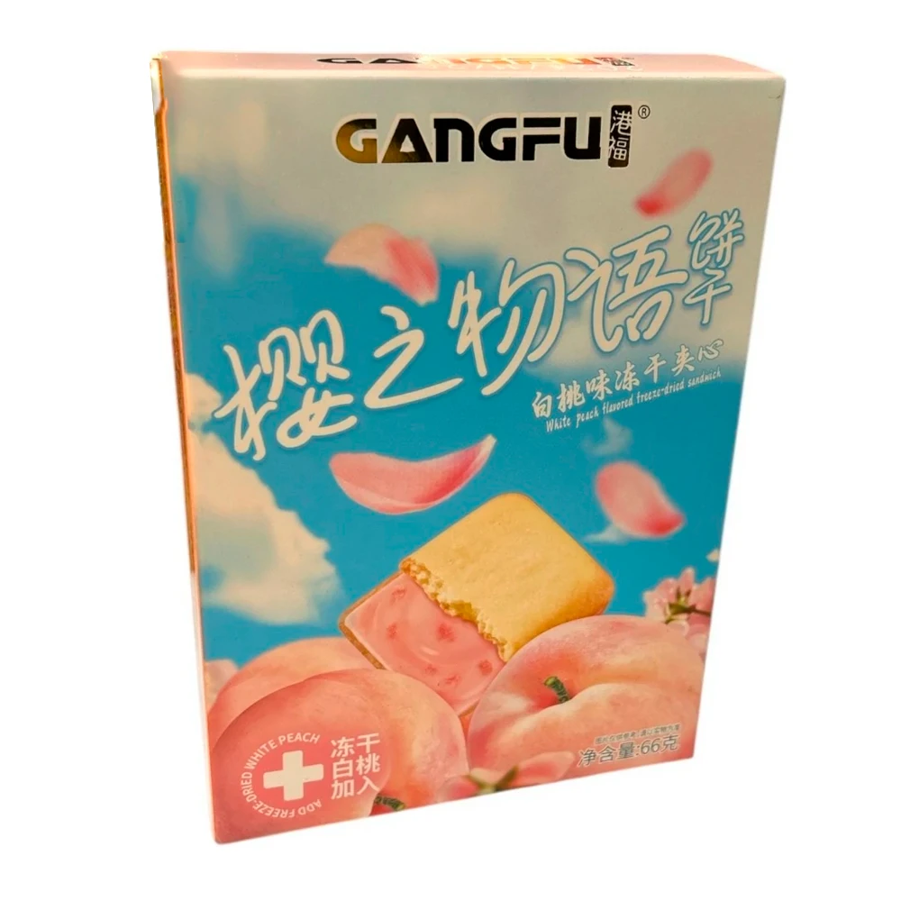 Biscoito Gangfu Recheio Com Flocos de Pêssego Caixa 66G