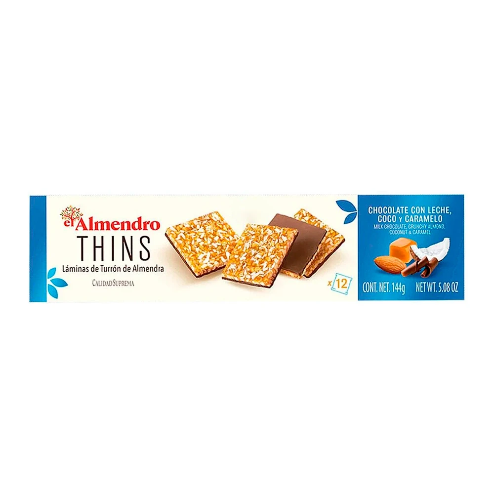 Lamina de Torrone Crocante El Almendro Thins Chocolate ao Leite Coco e Caramelo Caixa 144G