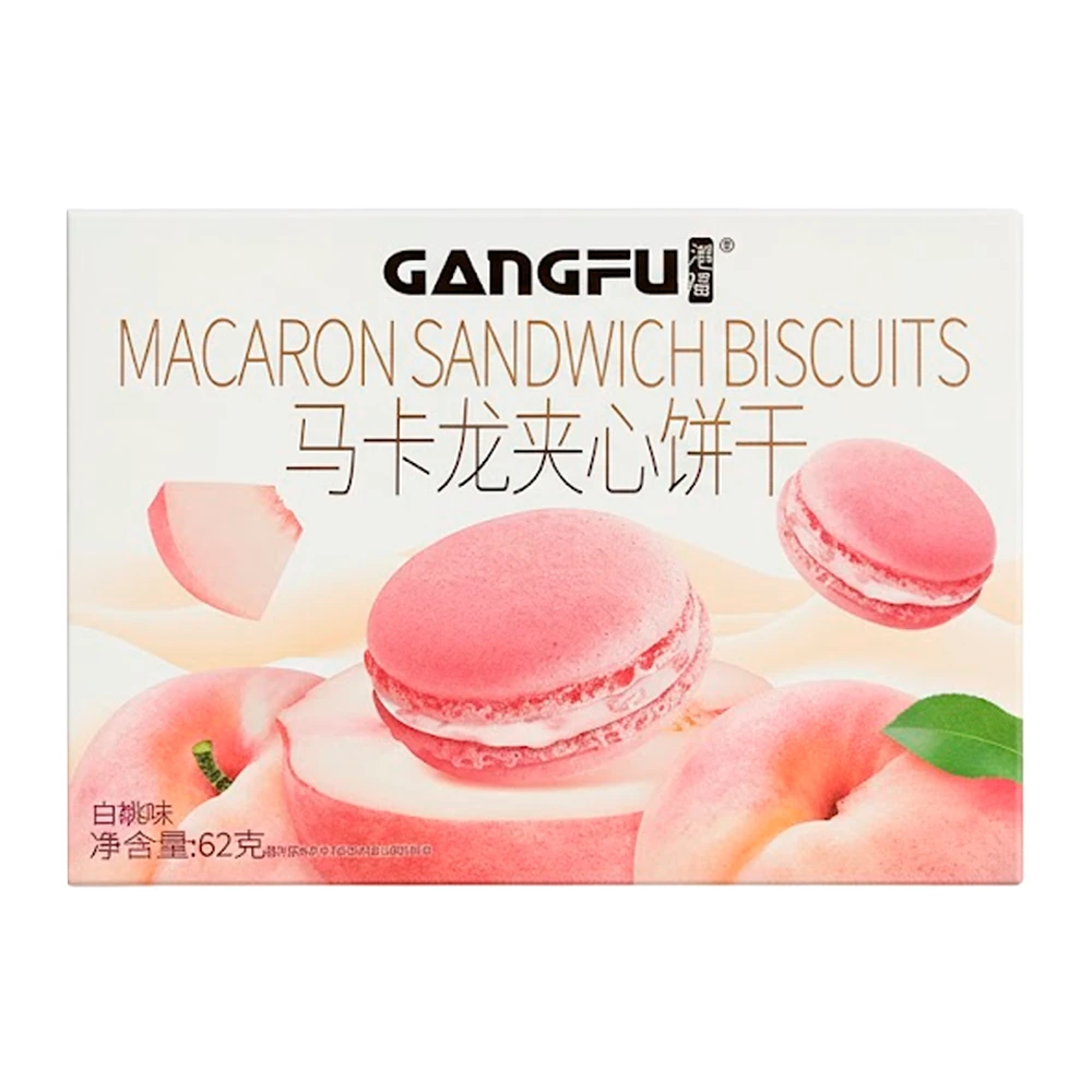 Bolacha Gangfu Macarons Recheio Com Flocos De Pêssego Caixa 62G