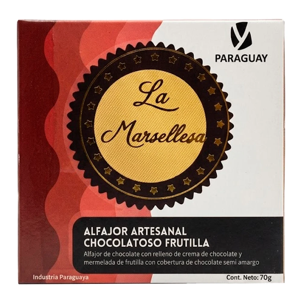 Alfajor Artesanal Py La Marsellesa Chocolatoso Recheio Chocolate e Morango Cobertura Chocolate Semi Amargo 70G