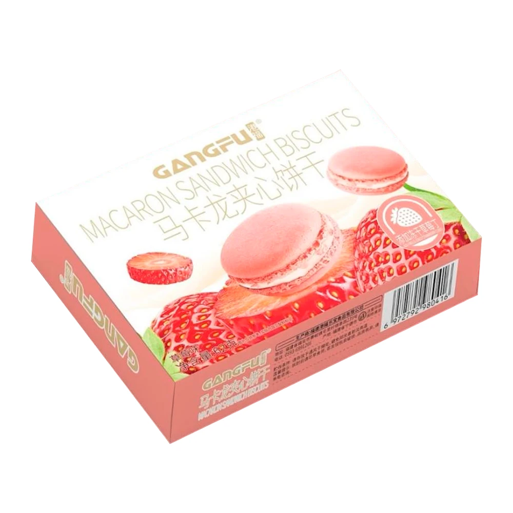Bolacha Gangfu Macaron Recheio Com Flocos de Morango Caixa 62G