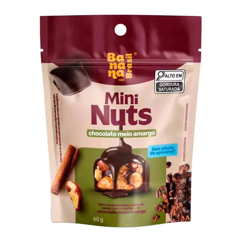 Barra de Castanhas e Amendoim Banana Brasil Mini Nuts Cobertura Chocolate Amargo Pacote 60G