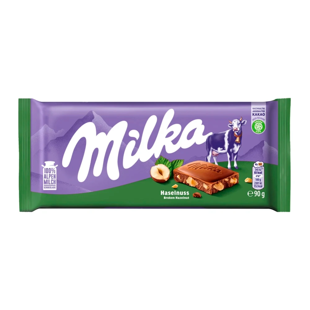 Barra Chocolate Milka Ao Leite Com Avelãs Inteiras 90G