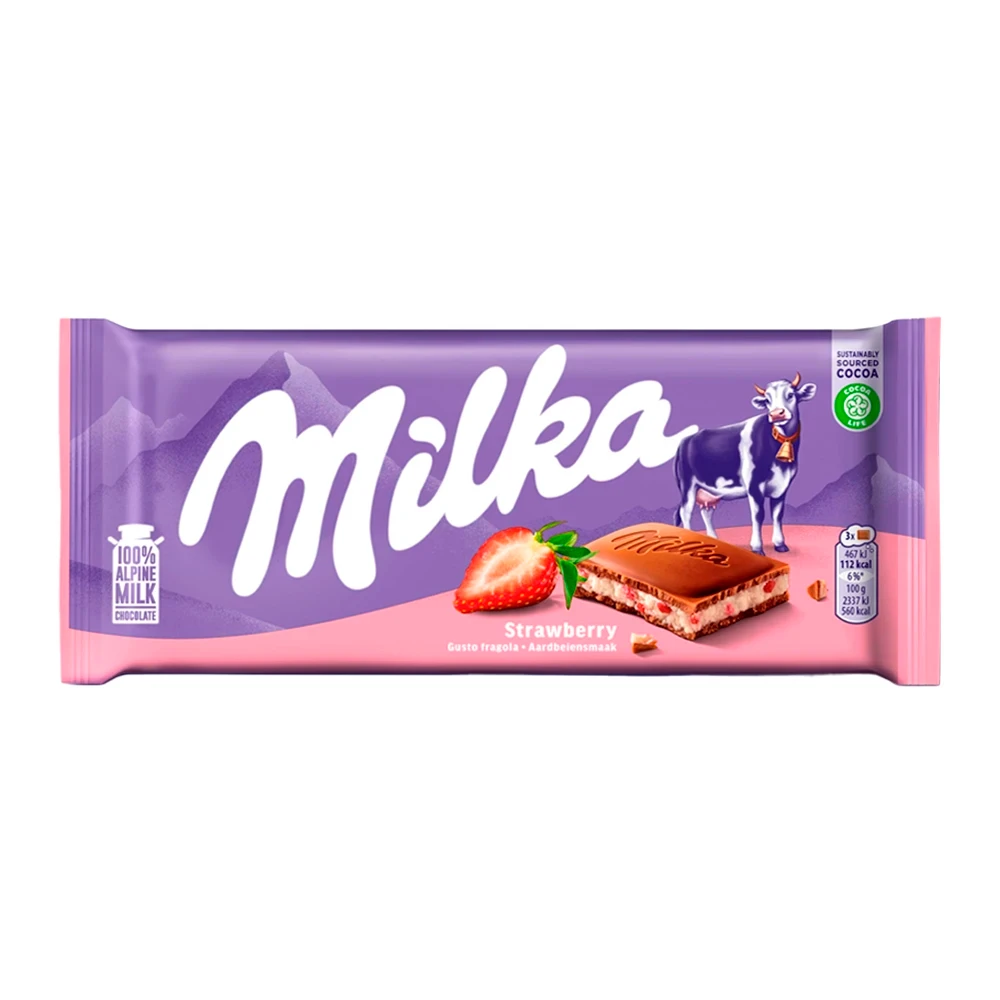 Barra Chocolate Milka Ao Leite Recheado Iogurte De Morango 100G